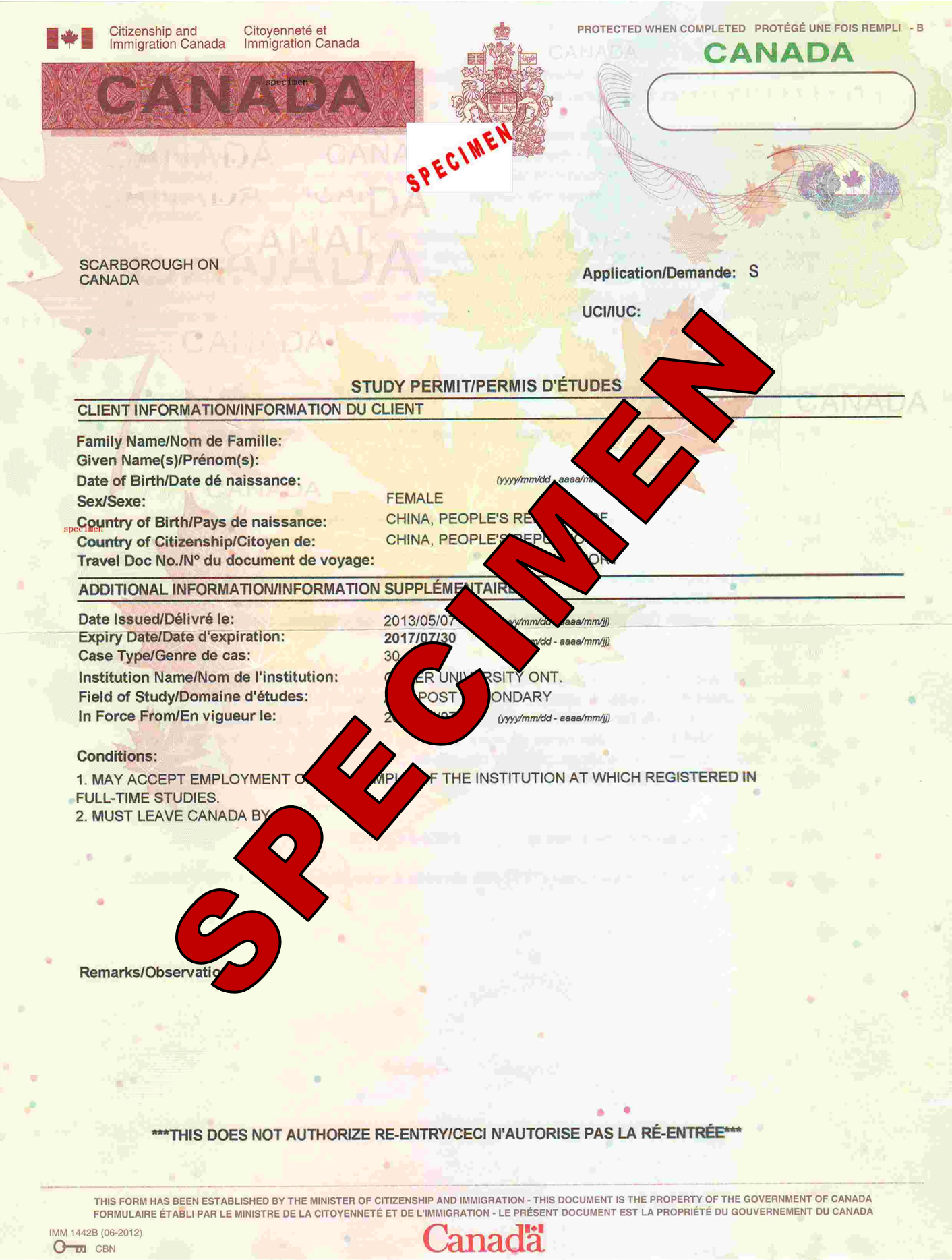 Specimen of Canada Study Permit